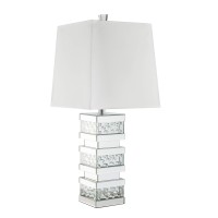 Benjara Contemporary Square Table Lamp With Pedestal Mirrored Base, White,Silver& Clear