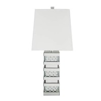 Benjara Contemporary Square Table Lamp With Pedestal Mirrored Base, White,Silver& Clear