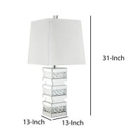 Benjara Contemporary Square Table Lamp With Pedestal Mirrored Base, White,Silver& Clear