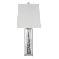 Benjara Contemporary Square Table Lamp With Faux Diamond Inlays, White,Silver& Clear