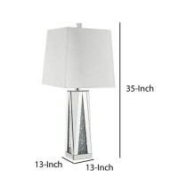 Benjara Contemporary Square Table Lamp With Faux Diamond Inlays, White,Silver& Clear