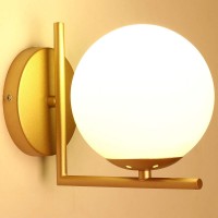 Jagez Wall Sconce Lighting, White Glass Globe, Gold Wall Lamp, Mid-Century Modern Style, Light Fixture For Bedroom, Living Room, Bathroom, Hallway, Entryway