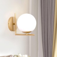 Jagez Wall Sconce Lighting, White Glass Globe, Gold Wall Lamp, Mid-Century Modern Style, Light Fixture For Bedroom, Living Room, Bathroom, Hallway, Entryway