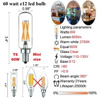 Litehistory E12 Led Bulb Dimmable 6W Equal 60 Watt Light Bulb Warm White 2700K T6 T25 E12 Candelabra Bulb 60 Watt For Chandeliers,Ceiling Fan,Pendant,Wall Sconces Ac120V 600Lm E12 Light Bulb 6Pack