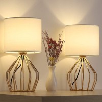 Eteli Table Lamps Set Of 2, Small Modern Nightstand Desk Lamps Bedside Lights With Hollowed Out Base And White Fabric Shade For Bedroom Living Room Study Room, Gold