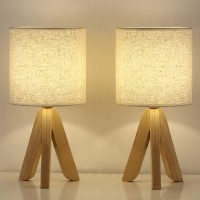 Table Lamps Set Of 2 With Wooden Tripod And Rustic Linen Fabric Shade Small Bedside Nightstand Lamps For Dresser Bedroom Living Room College Dorm Office Hotel