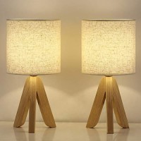 Table Lamps Set Of 2 With Wooden Tripod And Rustic Linen Fabric Shade Small Bedside Nightstand Lamps For Dresser Bedroom Living Room College Dorm Office Hotel