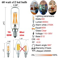 Litehistory Dimmable E12 Led Bulb 6W Equal 60 Watt Led Light Bulb Warm White 2700K T6 T25 E12 Candelabra Bulb 60 Watt For Chandeliers,Ceiling Fan,Pendant,Wall Sconces Ac120V 600Lm E12 Bulb 12Pack