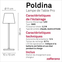 Zafferano Poldina Pro Led Table Lamp (Color: White) Touch On/Off, Touch Dimmable, Powder Coated Aluminum, Ip54 Protection, Indoor/Outdoor, Contact Charging Base, Usa Plug