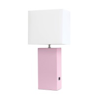 Elegant Designs Lt1053Bpk Modern Leather Usb And White Fabric Shade Table Lamp Blush Pink