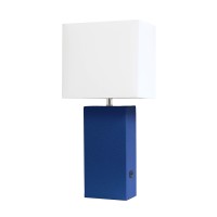 Elegant Designs Lt1053Blu Modern Leather Usb And White Fabric Shade Table Lamp Blue