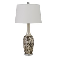 150W Paxton ceramic table lamp with leaf design and taper drum hardback fabric shade Priced and sold as pairs