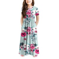 Storeofbaby Flower Dress For Girls Short Sleeve High Waist Maxi With Pockets