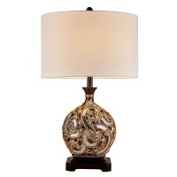 Benjara Table Lamp With Engraved Floral Motifs And Mosaic Details, Gold And Brown