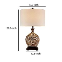 Benjara Table Lamp With Engraved Floral Motifs And Mosaic Details, Gold And Brown