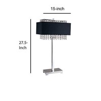 Benjara Table Lamp With Hanging Crystal And Rectangular Base, Silver And Black