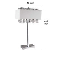 Benjara Table Lamp With Hanging Crystal And Rectangular Base, Silver And White