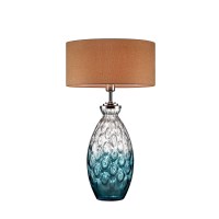 Benjara Table Lamp With Hand Blown Glass Pattern And Bottle Base, Silver And Blue