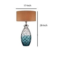 Benjara Table Lamp With Hand Blown Glass Pattern And Bottle Base, Silver And Blue