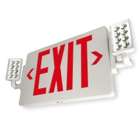 Thin Red Led Exit Sign With Emergency Lights Adjustable Heads Battery Backup White Housing Ul Listed Hardwired 1 Pack