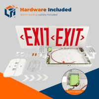 Thin Red Led Exit Sign With Emergency Lights Adjustable Heads Battery Backup White Housing Ul Listed Hardwired 1 Pack