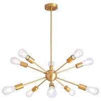 Alisadaboy Sputnik Chandelier 10 Light Brushed Brass Ceiling Lamp Modern Industrial Pendant Lighting Gold Vintage Ceiling Light Fixture For Living Room Bedroom Kitchen Foyer Hallway