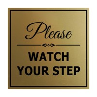 Signs Bylita Square Classy Please Watch Your Step Sign With Adhesive Tape, Mounts On Any Surface, Weather Resistant, Indoor/Outdoor Use (Brushed Gold) - Large