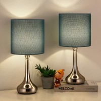 Bedside Table Lamps Set Of 2 Modern Classic Nightstand Desk Lamp Small Table Light With Blue Fabric Shade And Silver Metal Base For Living Room Office Cafe Bedroom Dorm