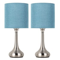 Bedside Table Lamps Set Of 2 Modern Classic Nightstand Desk Lamp Small Table Light With Blue Fabric Shade And Silver Metal Base For Living Room Office Cafe Bedroom Dorm