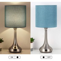 Bedside Table Lamps Set Of 2 Modern Classic Nightstand Desk Lamp Small Table Light With Blue Fabric Shade And Silver Metal Base For Living Room Office Cafe Bedroom Dorm