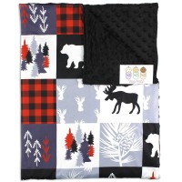 Top Tots Baby Blanket - Minky, Moose, Bear, Deer Heads, Trees And Vines, Red And Black Plaid With White And Gray