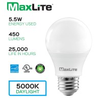 Maxlite A19 Led Bulb, Enclosed Fixture Rated, 40W Equivalent, 450 Lumens, Dimmable, E26 Medium Base, 5000K Daylight, 16-Pack