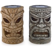 Vp Home Tribal Tiki Head Solar Light - Solar Powered Flickering Led Garden & Outdoor Decor For Tiki Bar & Tribal Decorations - Set Of 2 - Brown