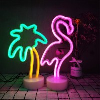 2 Packs Decoration Neon Signs Light Pink Flamingo And Green Palm Tree Neon Wall Decor Lights Usb/Battery Powered Neon Lights For Bedroom Girls Kids Birthday Party Christmas (Flamingo&Palm Tree)