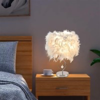 Guanshan Feather Bedside Lamp Bedside Lampshade Modern Feather Table Light Desk Lampshade With Crystal In Heart & Mental Base For Living Room, Bedroom, Bar, Restaurant, Hotel