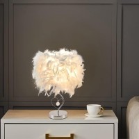 Guanshan Feather Bedside Lamp Bedside Lampshade Modern Feather Table Light Desk Lampshade With Crystal In Heart & Mental Base For Living Room, Bedroom, Bar, Restaurant, Hotel