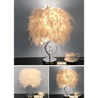 Guanshan Feather Bedside Lamp Bedside Lampshade Modern Feather Table Light Desk Lampshade With Crystal In Heart & Mental Base For Living Room, Bedroom, Bar, Restaurant, Hotel