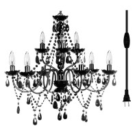 Gypsy Color The Original Plug-In 9 Light Black Hanging Swag Chandelier H26Axw27A, Black Metal Frame With Black Glass Stem And Black Acrylic Crystals Beads That Look Just Like Glass