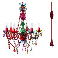 Gypsy Color The Original Plug-In 6 Light Multicolor Hanging Swag Chandelier H26Axw22A, Red Metal Frame With Green Glass Stem And Multicolor Acrylic Crystals Beads That Sparkle Just Like Glass