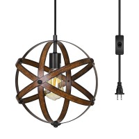 Dewenwils Plug In Pendant Hanging Light, Wood Grain Industrial Style Metal Globe Vintage Ceiling Light Fixture With 15Ft Cord And On/Off Switch For Kitchen Island, Bedroom