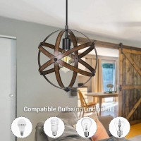 Dewenwils Plug In Pendant Hanging Light, Wood Grain Industrial Style Metal Globe Vintage Ceiling Light Fixture With 15Ft Cord And On/Off Switch For Kitchen Island, Bedroom