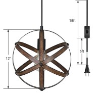 Dewenwils Plug In Pendant Hanging Light, Wood Grain Industrial Style Metal Globe Vintage Ceiling Light Fixture With 15Ft Cord And On/Off Switch For Kitchen Island, Bedroom