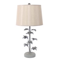 Benjara Flower Tree Design Metal Table Lamp With Tapered Drum Shade, Beige And Gray