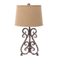 Benjara Metal Table Lamp With Scroll Design Base And 2 Way Switch Bronze And Beige