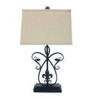 Benjara Scroll Design Metal Table Lamp With Rectangular Tier Base, Black And Beige