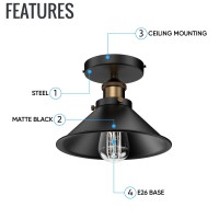 Ledmyplace Industrial Semi Flush Mount Light, Matte Black With Antique Brass Finish, Vintage Lighting For Hallways, Ceiling Hanging Light Fixtures, E26 Base, Bulb Not Included