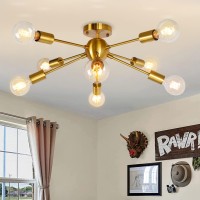 Jhlbyl Sputnik Chandelier 8-Light Brass Vintage Semi Flush Mount Ceiling Light Modern Pendant Lighting Fixture For Bedroom Living Room Dining Room