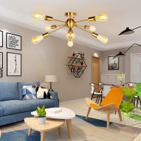 Jhlbyl Sputnik Chandelier 8-Light Brass Vintage Semi Flush Mount Ceiling Light Modern Pendant Lighting Fixture For Bedroom Living Room Dining Room