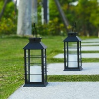 Newvivid 2 Pack Outdoor Garden Hanging Lanterns With Waterproof Led Flickering Flameless Candle Solar Powered Lights Yard Decor Outdoor Decorative For Pathway Courtyard Party Patio (Black)