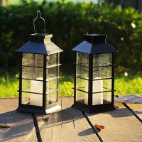 Newvivid 2 Pack Outdoor Garden Hanging Lanterns With Waterproof Led Flickering Flameless Candle Solar Powered Lights Yard Decor Outdoor Decorative For Pathway Courtyard Party Patio (Black)